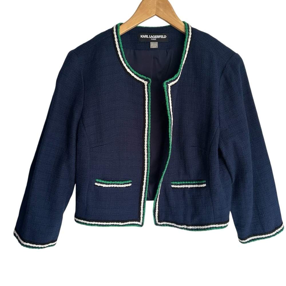 Karl Lagerfeld Navy Blue Cropped Tweed Blazer with Green & White Trim